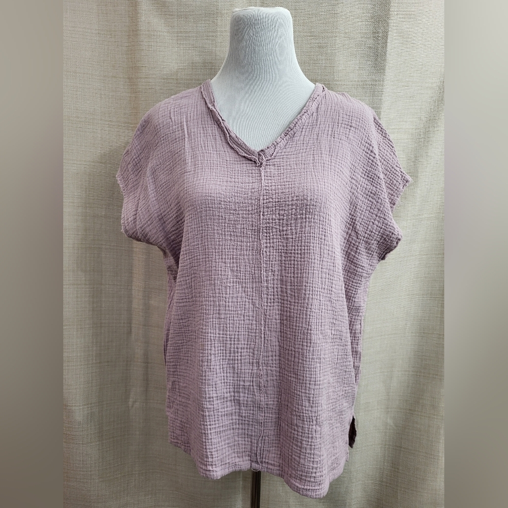 La Miel Women's Shirt Textured Gauze Short Sleeve Rustic Hem Dusty Pink Sz Small